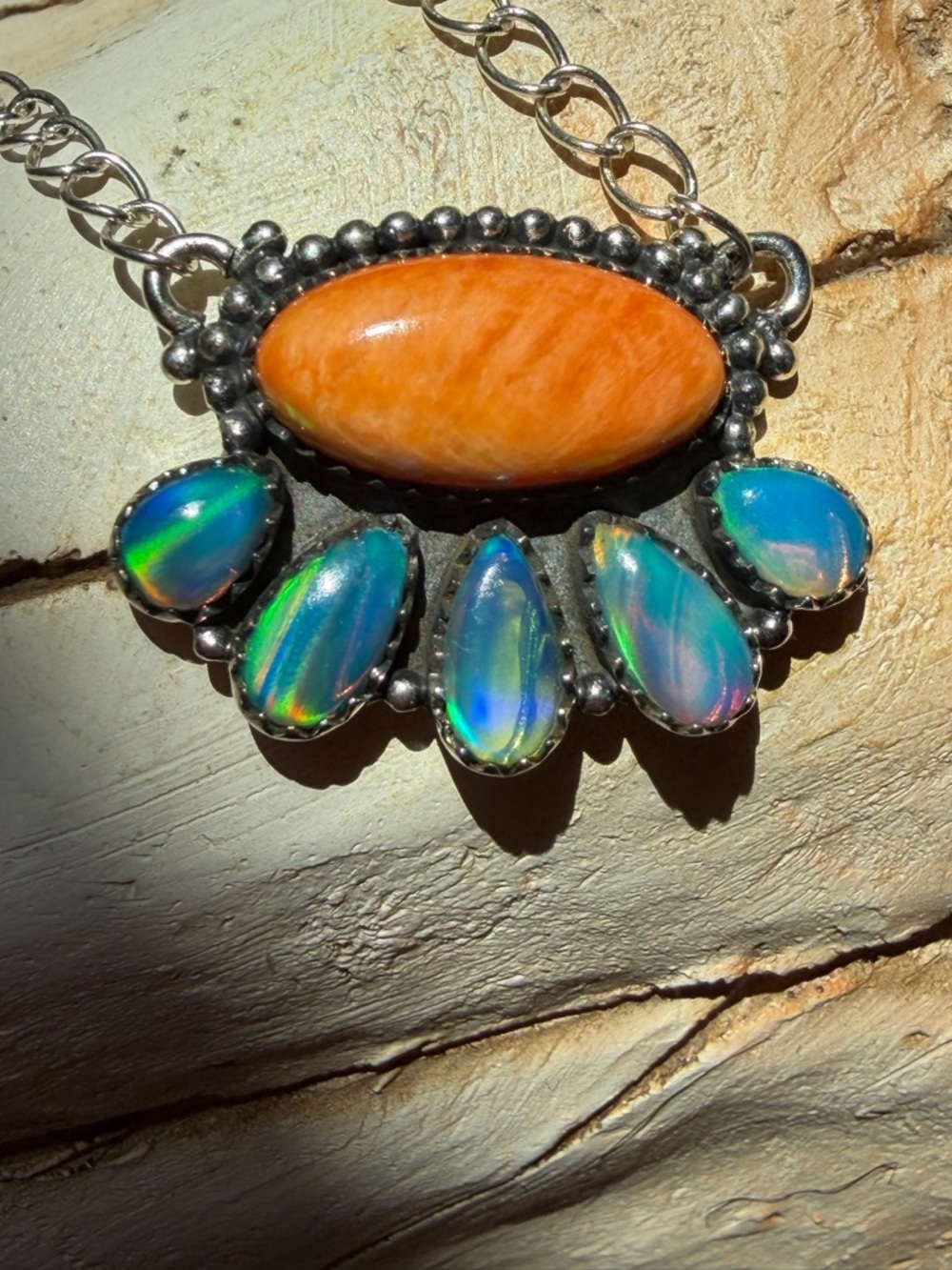 Sterling Sliver-Style Orange Spiny and Blue Opal Pendant Necklace - Picture 5 of 6